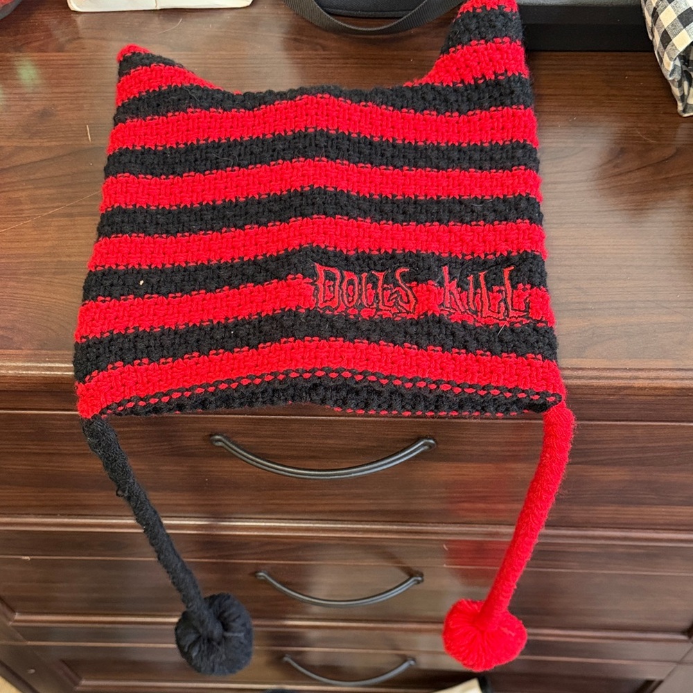 Dolls Kill red and black cat ear beanie